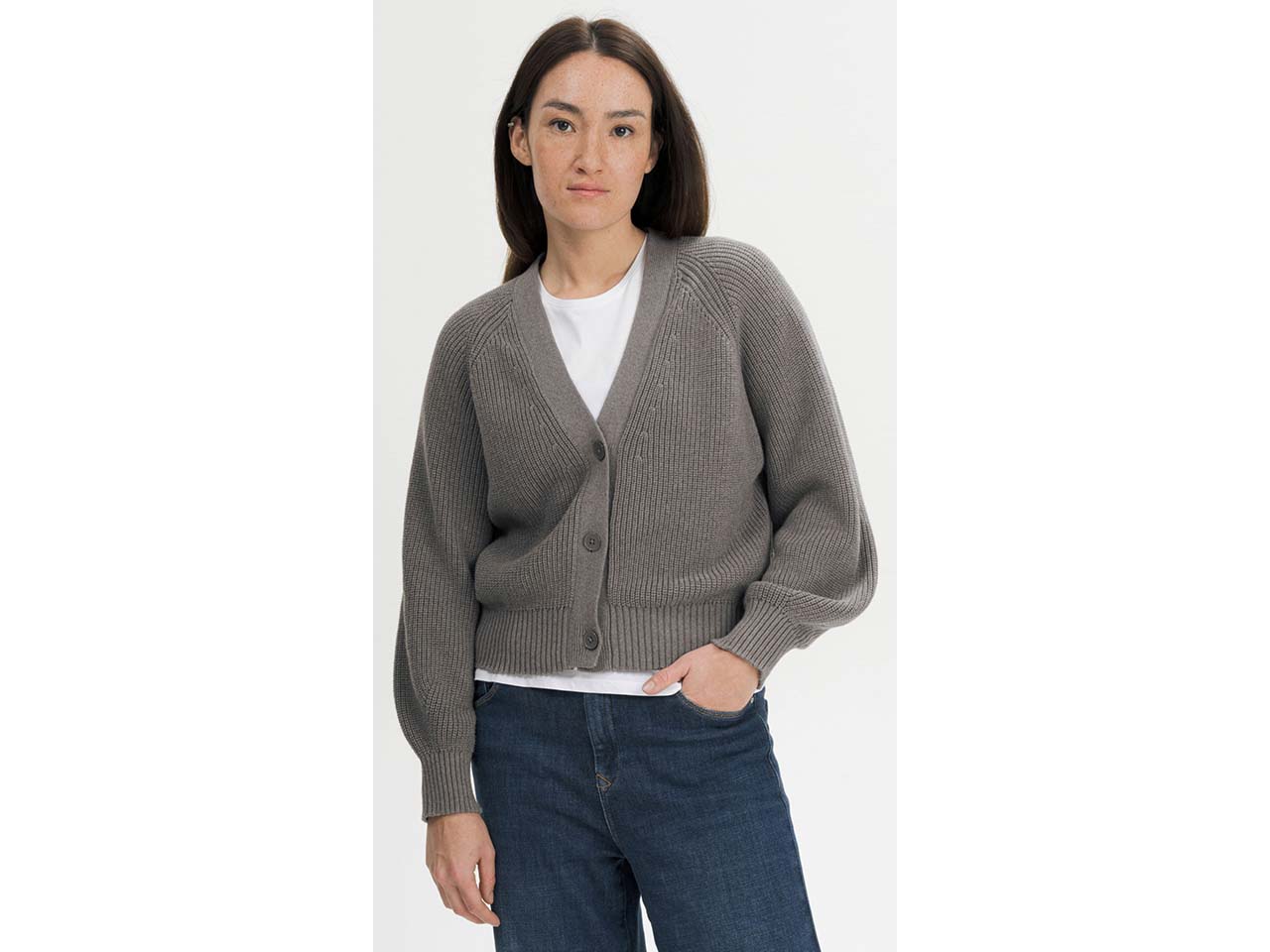 MELA Bio-Damen-Rippstrick-Cardigan 'BHUMA' mit Raglan-Ärmel, bear melange, Gr. S