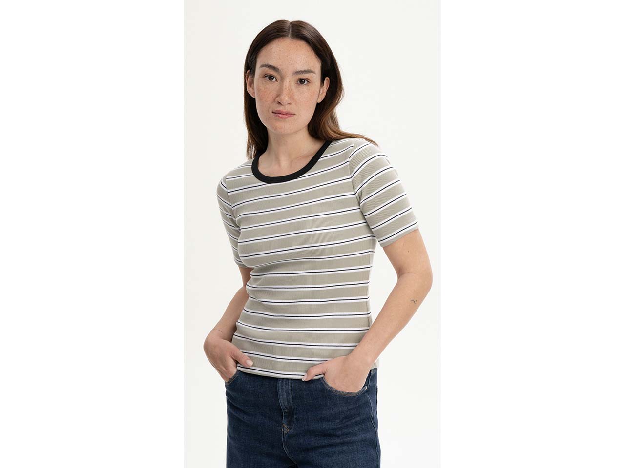 MELA Bio-Damen-Ripp-T-Shirt "JASLEEN" mit Rundhalsausschnitt, dusty green gestreift, Gr. L