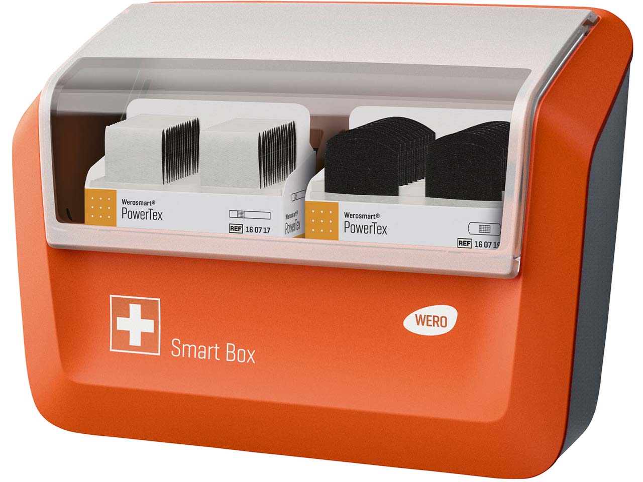 WERO Smart Box Pflasterspender, gefüllt mit PowerTex Pflasterstrips und Fingerpflaster