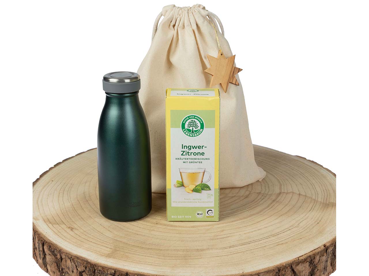 Geschenkset "Wohlfühlpaket" 3-tlg., mit Isolierflasche, Bio-Tee und Dekoanhänger