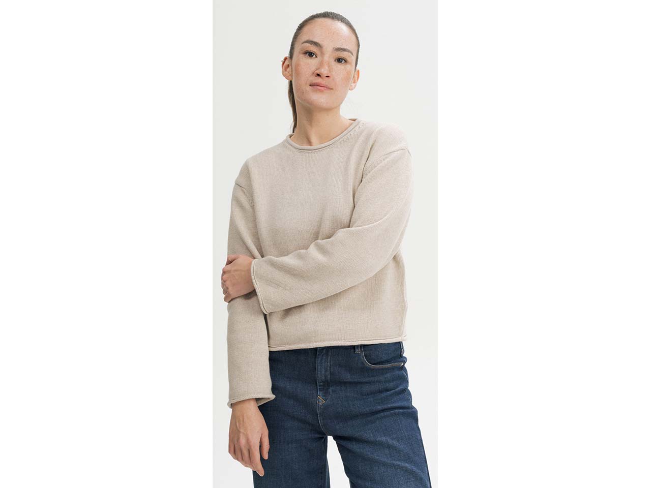 MELA Bio-Damen-Strickpullover 'GEETHA' mit Rollsaum, kiesel melange, Gr. S