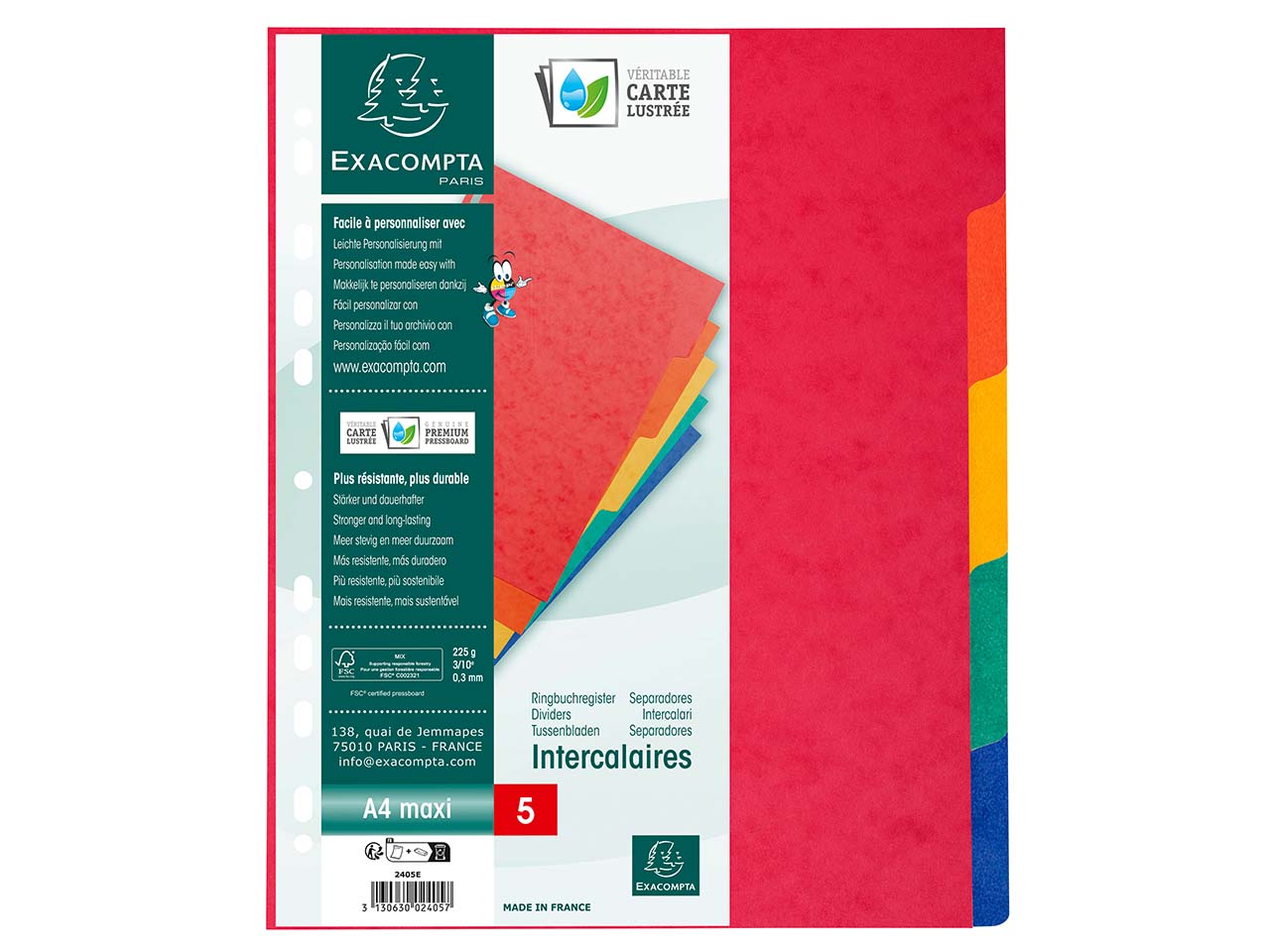 25 Exacompta Register, Colorspan-Karton, 5 Taben neutral, 225 g/m², DIN A4 Maxi, sortiert