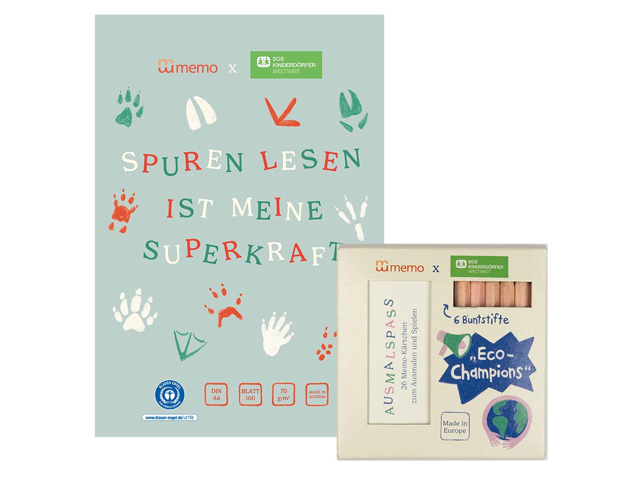 memo x SOS-Kinderdörfer weltweit Set mit Malblock DIN A4 + 6 Buntstiften und Legespiel