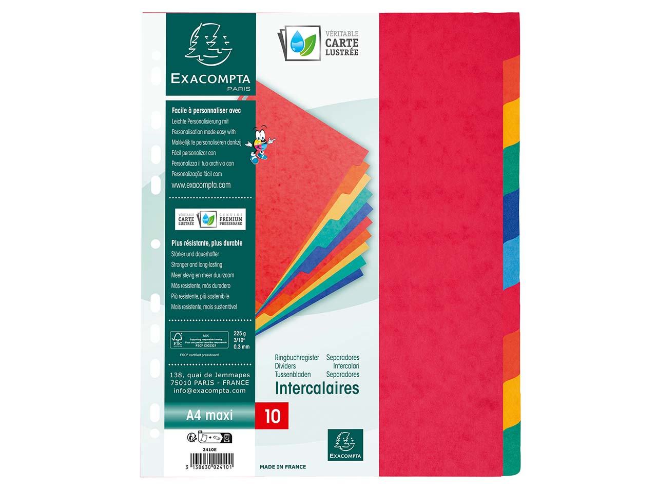 10 Exacompta Register, Colorspan-Karton, 10 Taben neutral, 225 g/m², DIN A4 Maxi, sortiert