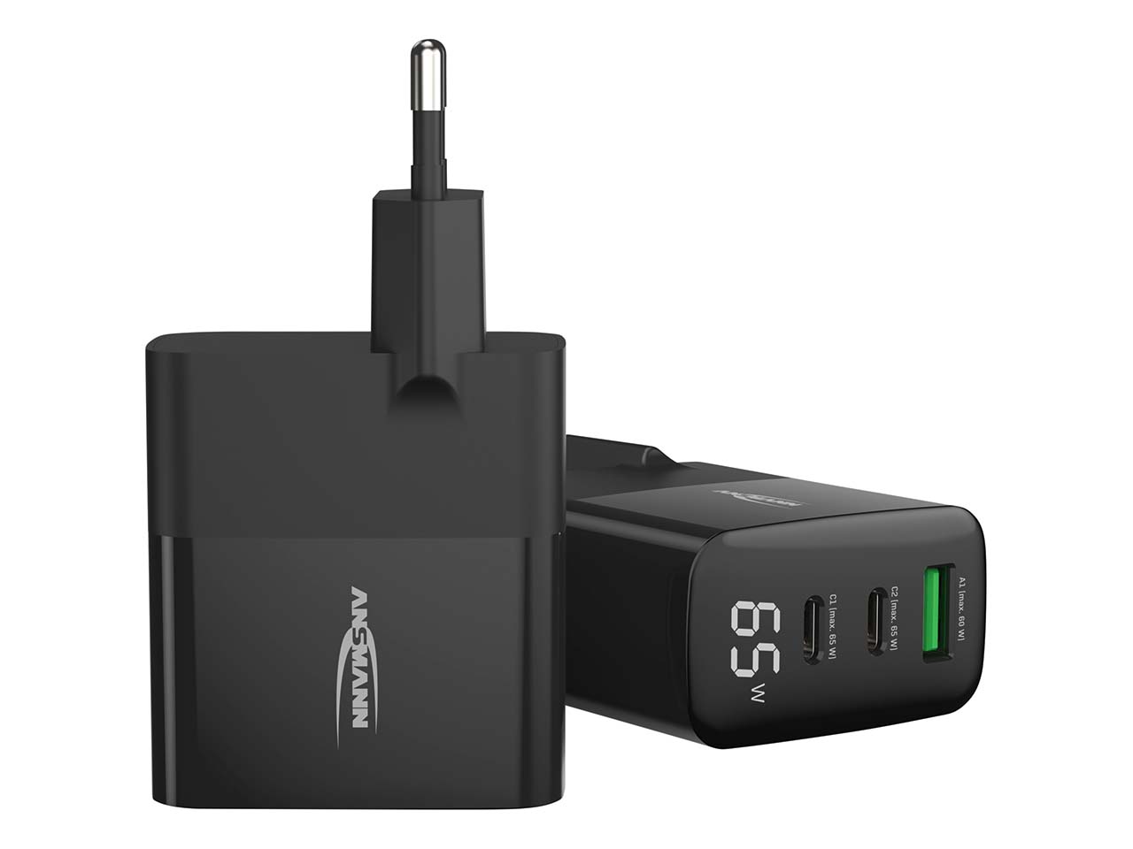 Ansmann USB-Ladegerät "Home Charger HC365PD" mit Display, 3 A, 65 W, USB-A/-C, schwarz