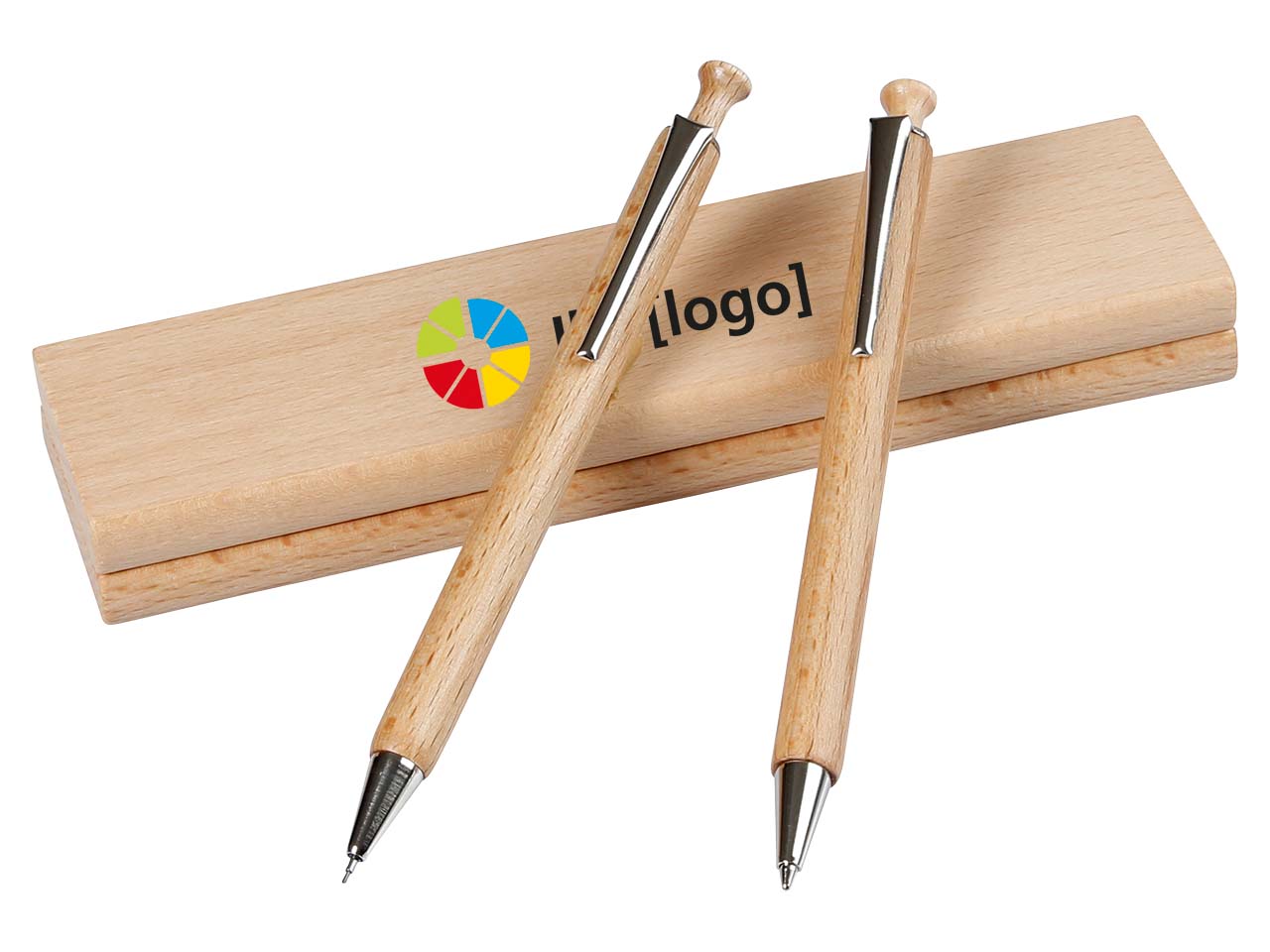 Holzetui eckig mit Druckbleistift und Kugelschreiber