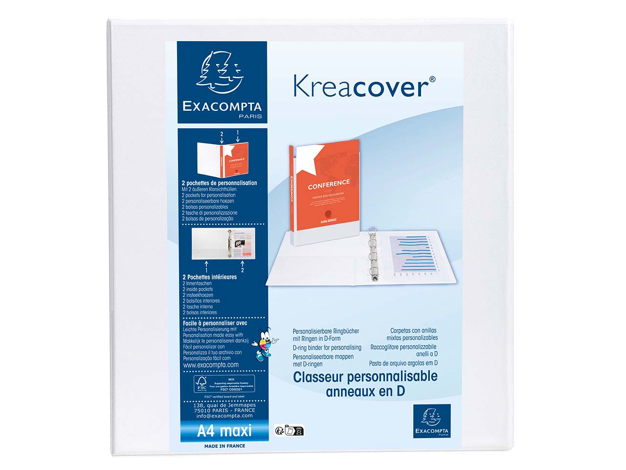 10 Exacompta Ringbücher "Kreacover", DIN A4 Maxi, 4 Ringe 60 mm, RB 90 mm, 2 Taschen, weiß