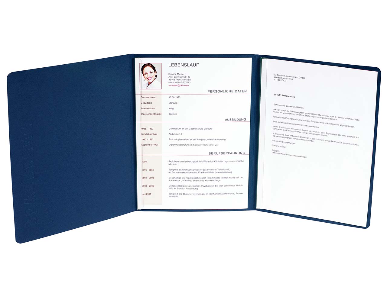 10 Exacompta Bewerbungsmappen, Leinenoptik, Prägung,400 g/m²,DIN A4, 3-tlg. 2 Klemms.,blau