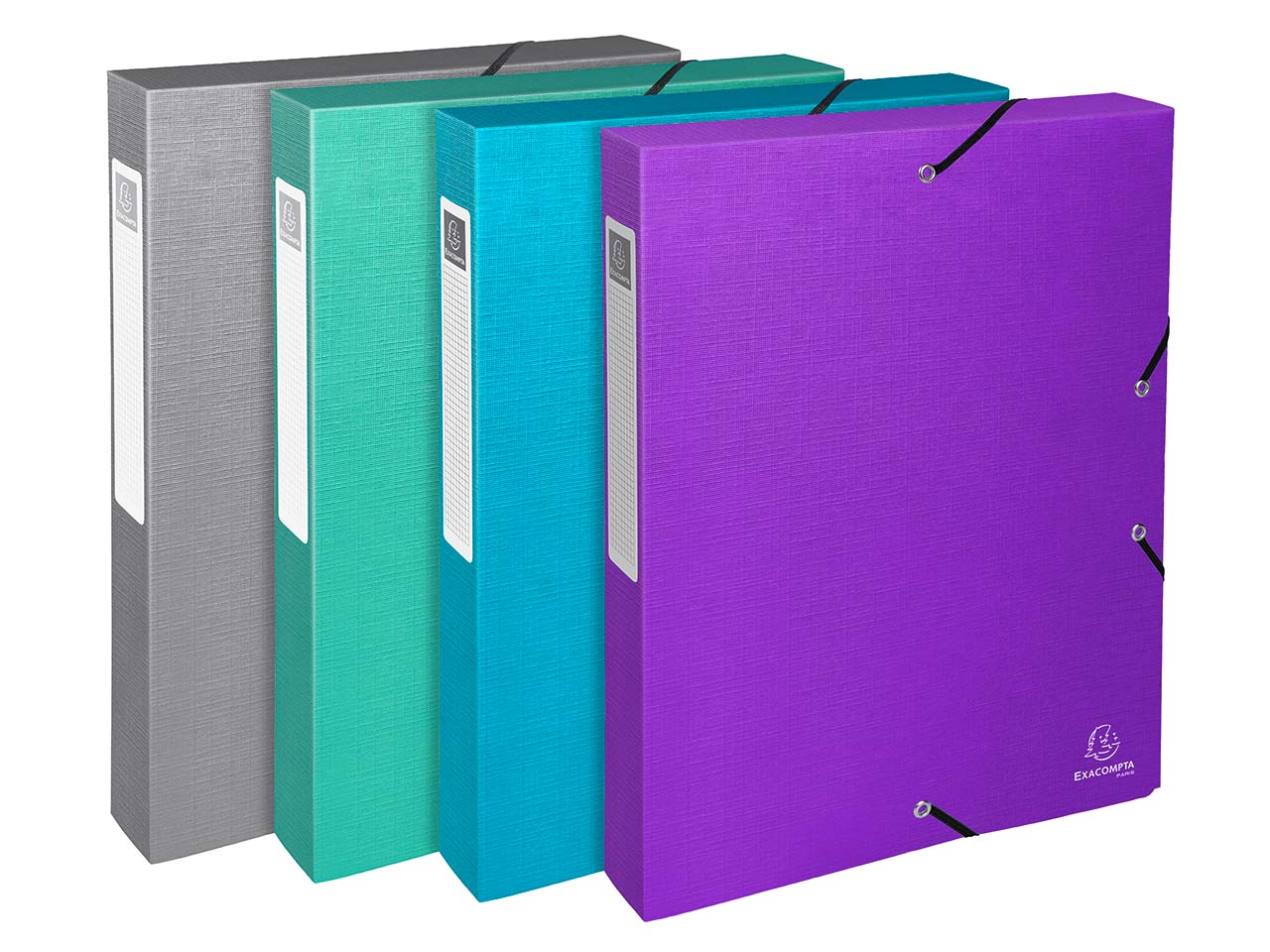 8 Exacompta Archivboxen "Teksto", 600 g/m², DIN A4, Gummizug, RB 40 mm, sortiert