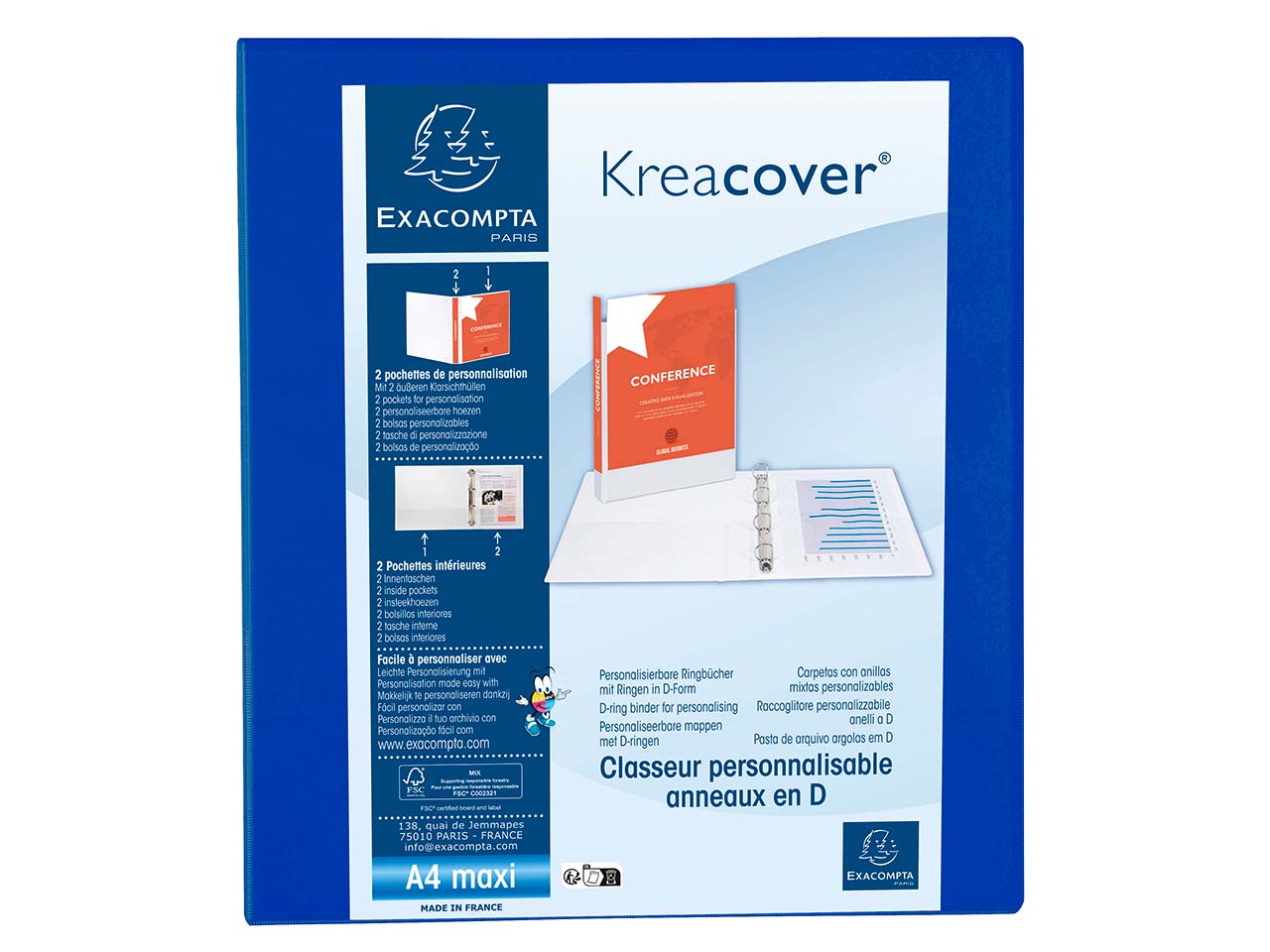 10 Exacompta Ringbücher "Kreacover", DIN A4 Maxi, 2 Ringe 40 mm, RB 64 mm, blau
