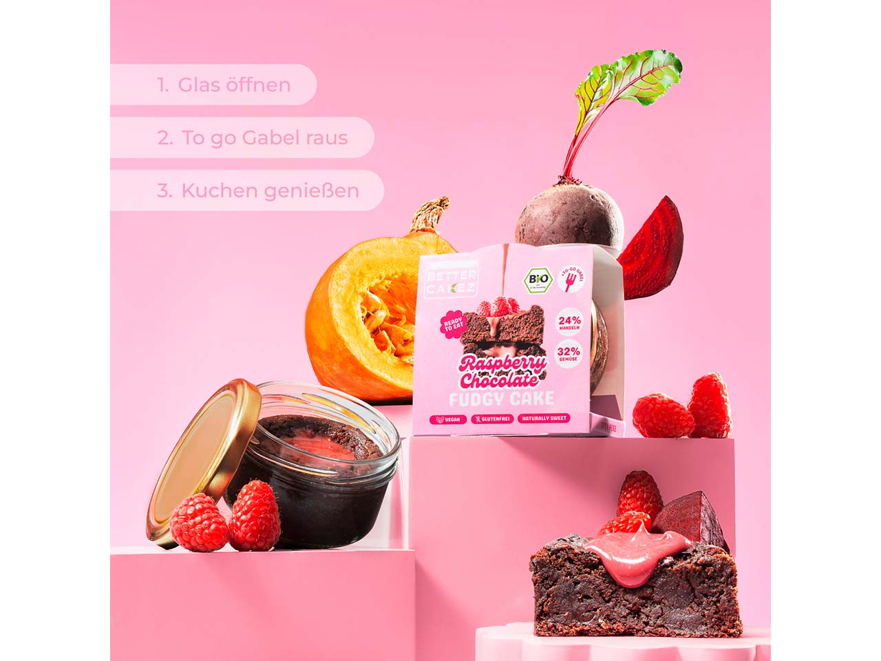 Better Cakez Bio-Kuchen "Raspberry Choc. Fudgy Cake" vegan, im Snack-Glas
