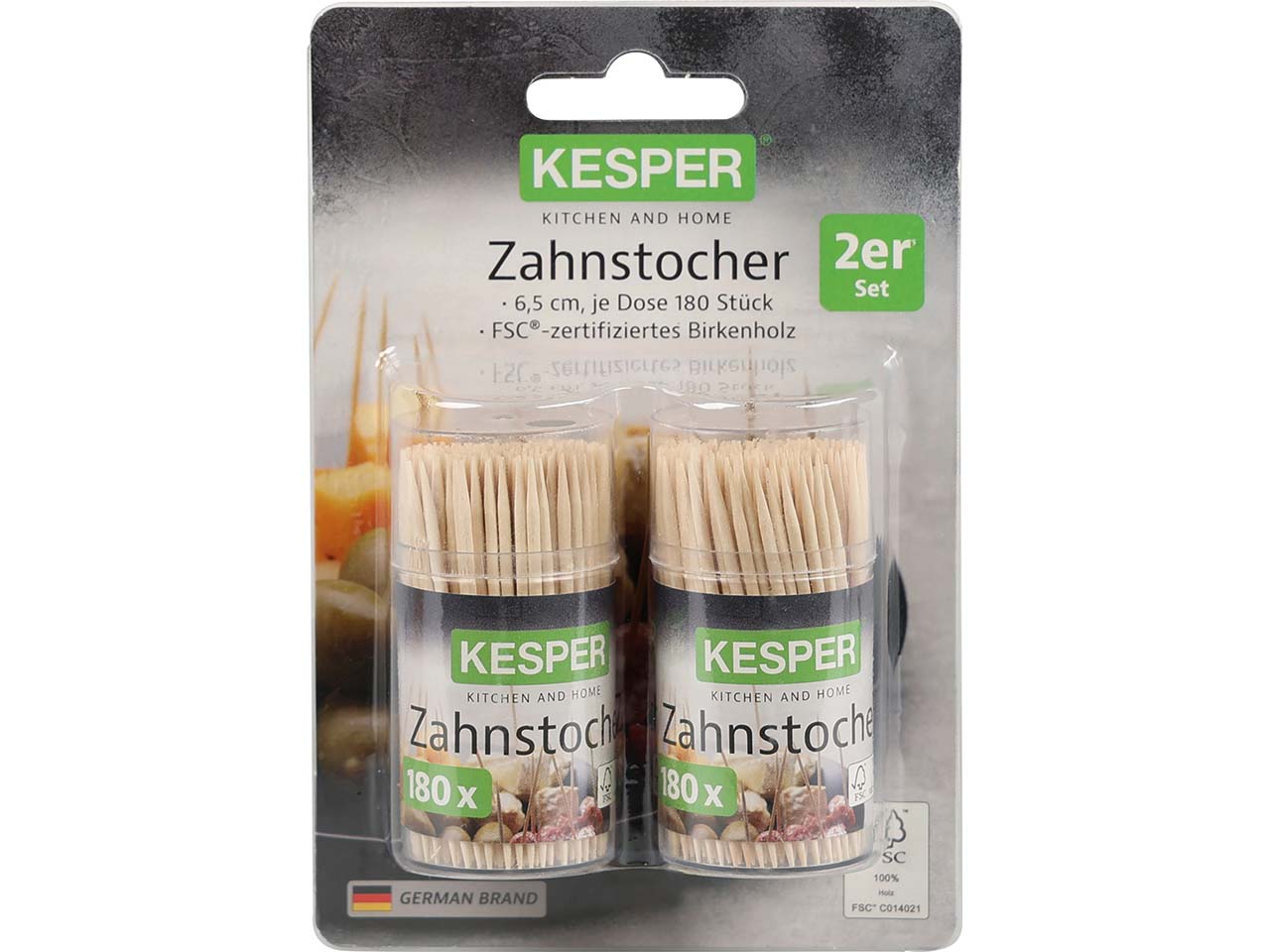 KESPER Zahnstocher aus FSC-Birkenholz, 2er-Pack mit je 180 Stk.
