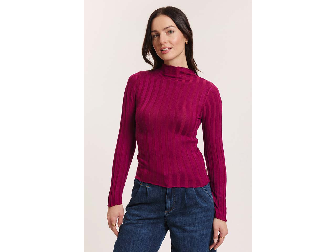 tranquillo Damen-Langarmshirt 'Carool' aus EcoVero-Rippstrick, raspberry, Gr. S