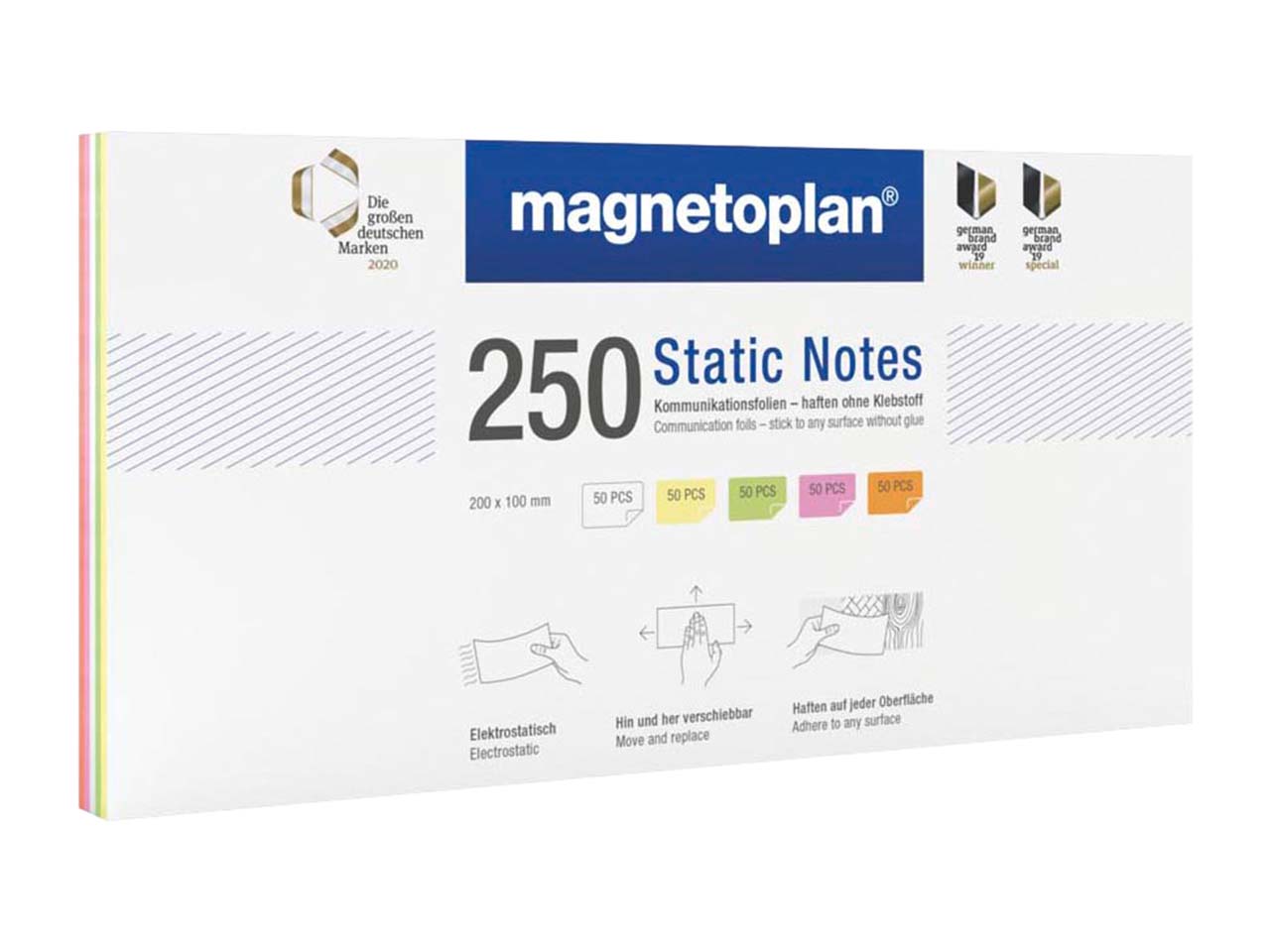 magnetoplan Moderationskarten "Static Notes", 250 Blatt, 200 x 100 mm, 5-farbig sortiert