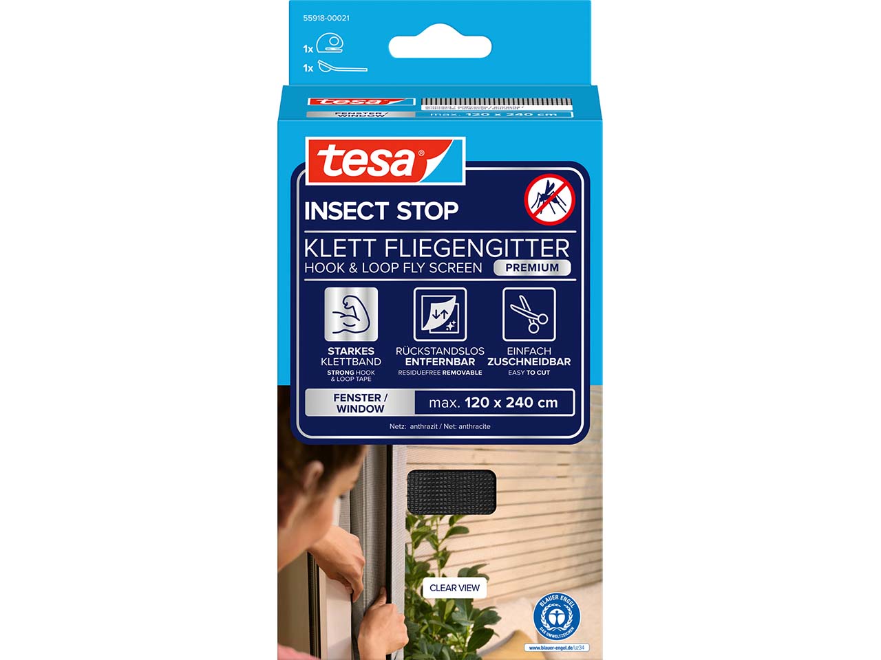 tesa Fliegengitter "Premium" für Fenster 120 x 240 cm, anthrazit