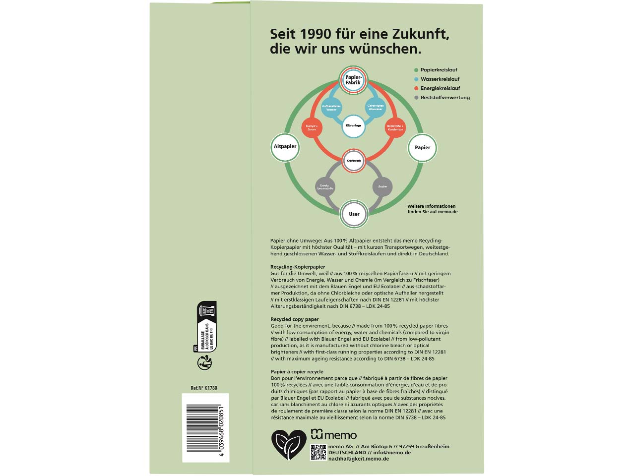 500 Blatt memo Kopierpapier 'Recycling Pro' DIN A4, 80 g/m², W90