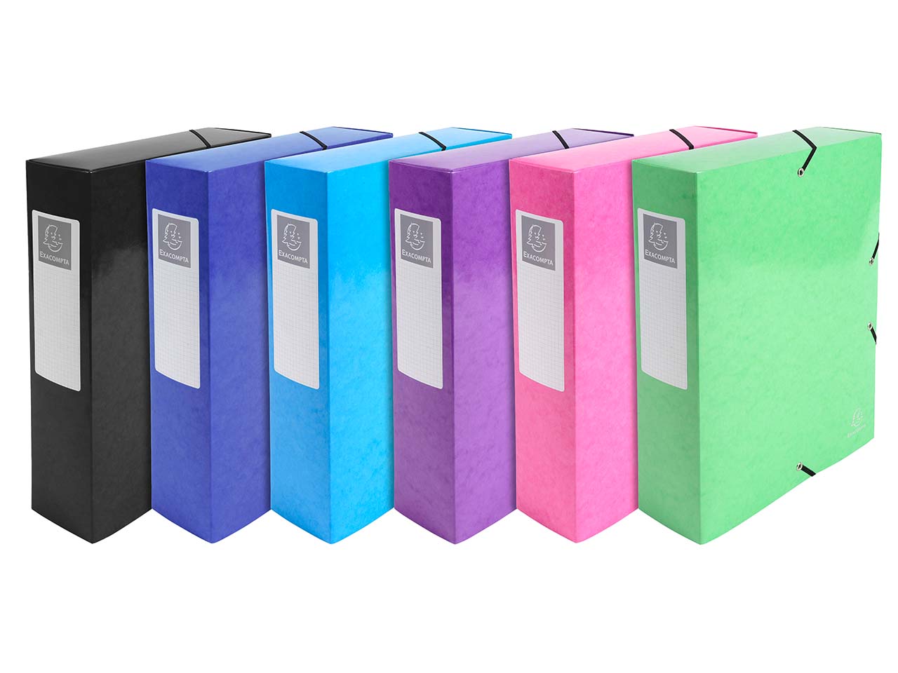 6 Exacompta Archivboxen "Iderama", 600 g/m², DIN A4 maxi, RB 80 mm, sortiert