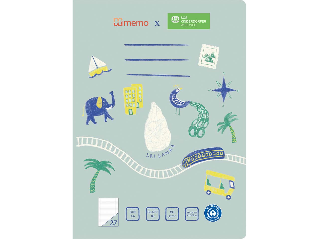 10er Pack memo x SOS-Kinderdörfer weltweit Schulheft DIN A4, 16 Blatt, Lin. 27