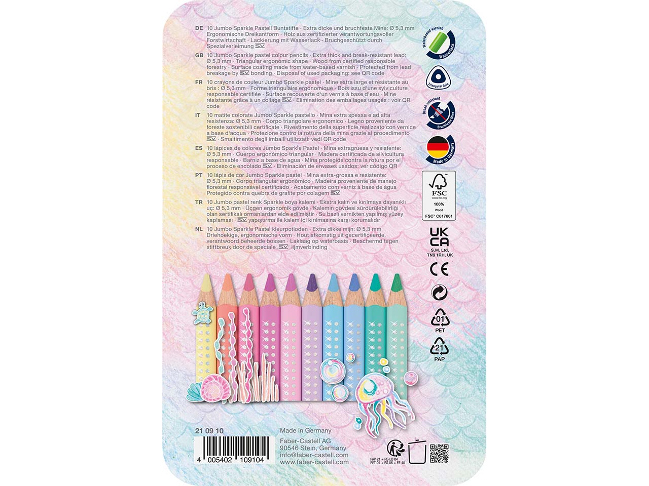 Faber-Castell Jumbo-Buntstifte "Sparkle" Pastell, 10er-Set im Metalletui