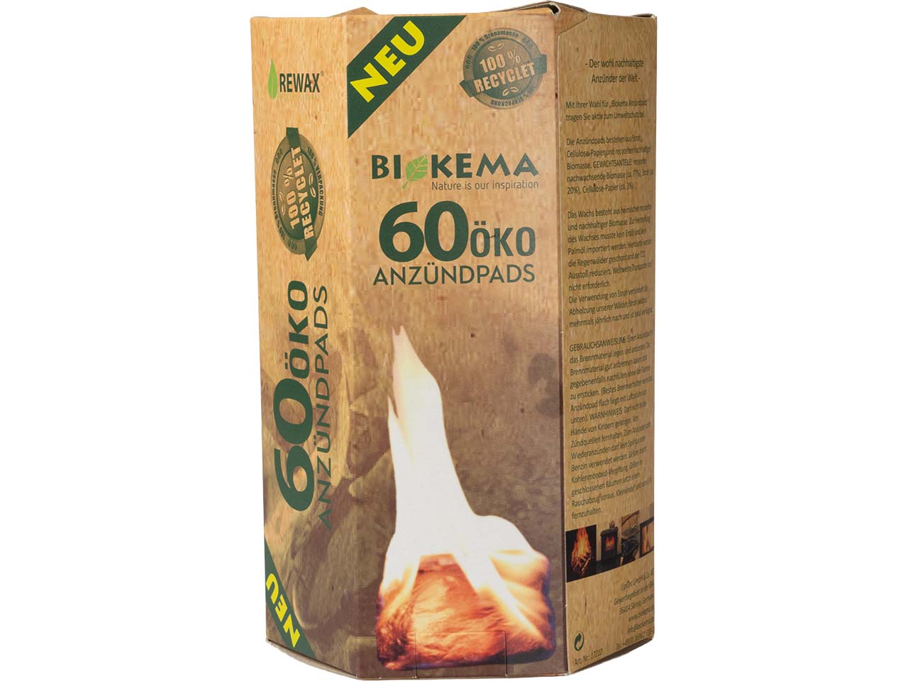 BIOKEMA Kaminanzünder Pads aus Biomasse und Stroh, 60 Stück