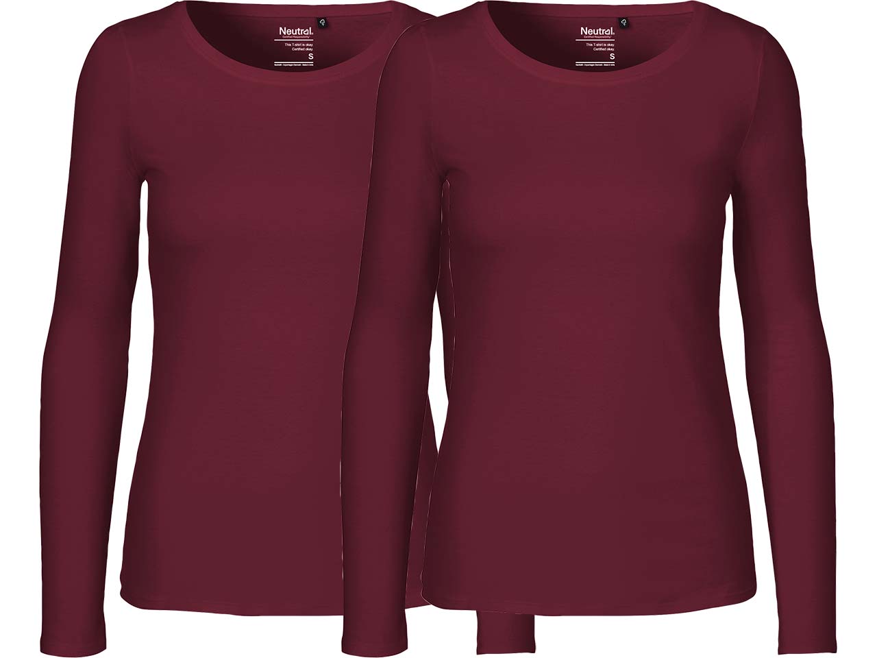 Neutral 2er-Pack Bio-Damen-Langarmshirt mit Rundhalsausschnitt, bordeaux, Gr. L