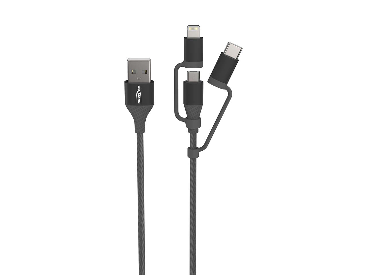 Ansmann 3in1 Ladekabel USB-A auf Micro-USB, USB-C, Lightning, 1,2 m, schwarz