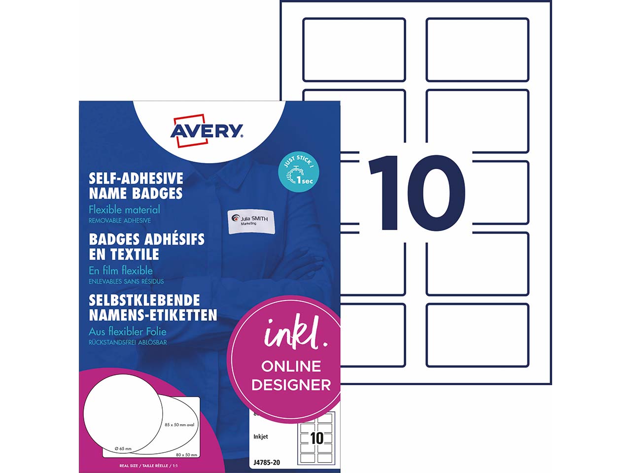 Avery Zweckform Selbstklebende Namens-Etiketten Inkjet "J4785" 200 Stk. 80x50mm, weiß