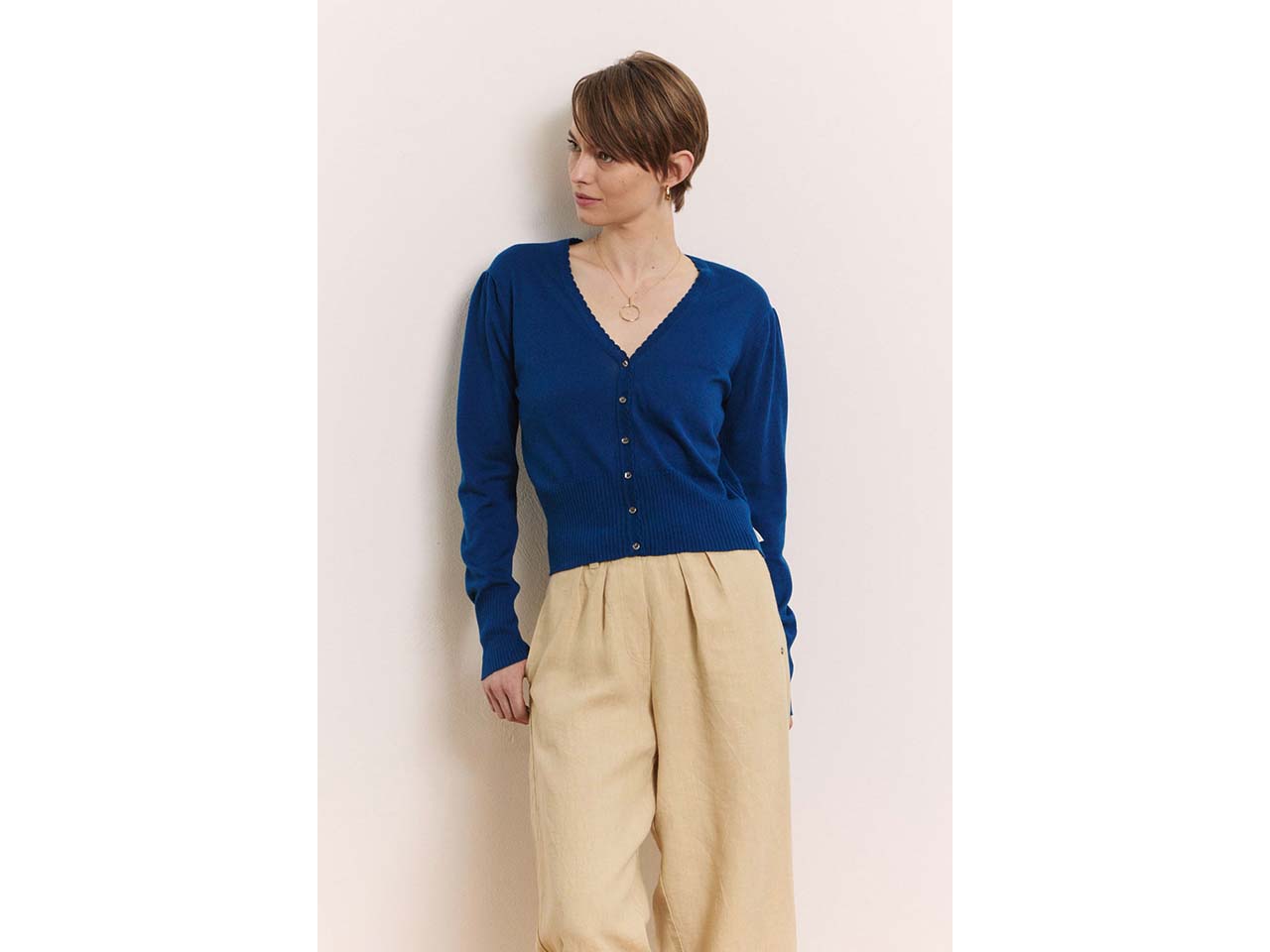 tranquillo Bio-Damen-Cardigan "Linaa" mit Zierkante am V-Ausschnitt, navy, Gr. L