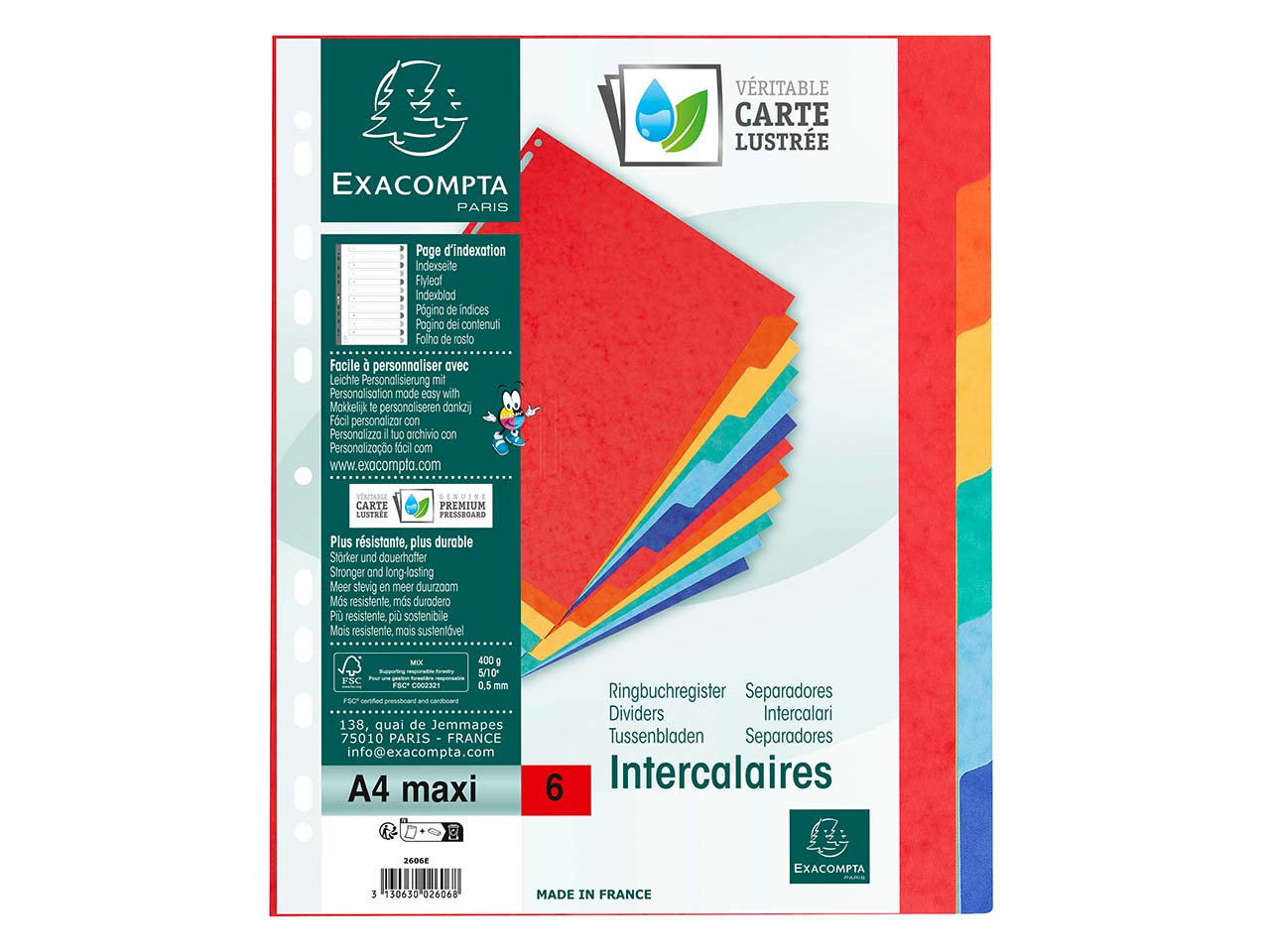25 Exacompta Register, Colorspan-Karton, 6 Taben neutral, 400 g/m², DIN A4 Maxi, sortiert