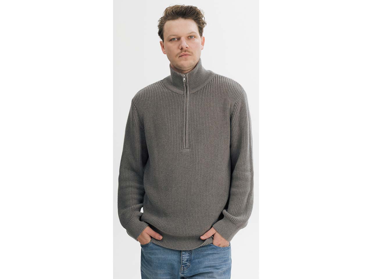 MELA Bio-Unisex-Rippstrick-Troyer 'UDAI' mit Reißverschlusskragen, bear melange, Gr. M