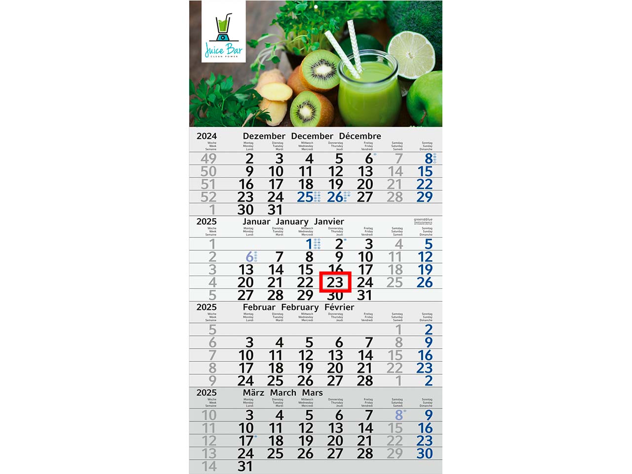 Viermonatskalender "green & blue" inkl. 4-farbigem Aufdruck, hellgrau/blau