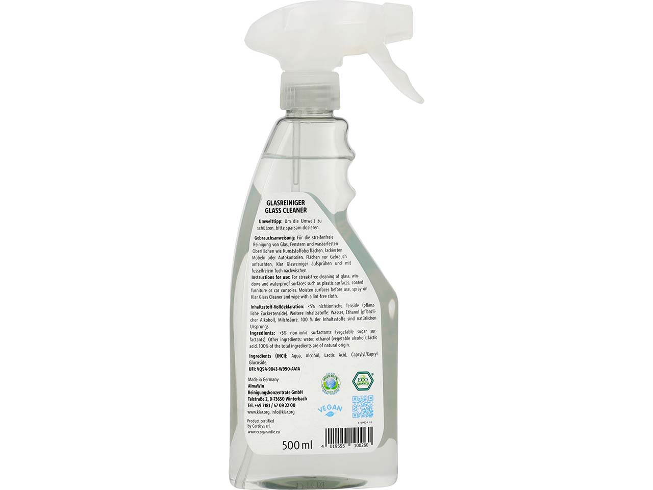Klar Glas-& Flächenreiniger "Sensitive" ohne Duft, 500 ml