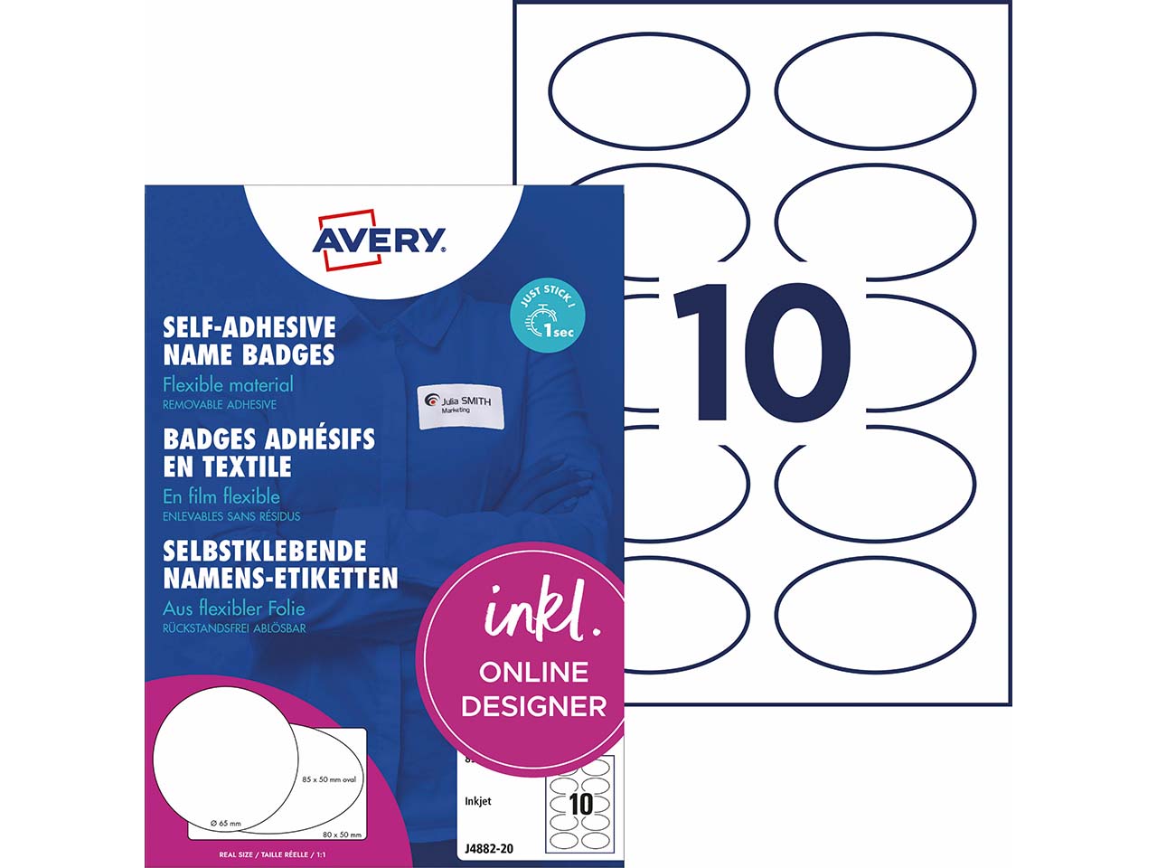 Avery Zweckform Selbstklebende Namens-Etiketten Inkjet "J4882" 200 Stk. oval 85x50mm, weiß