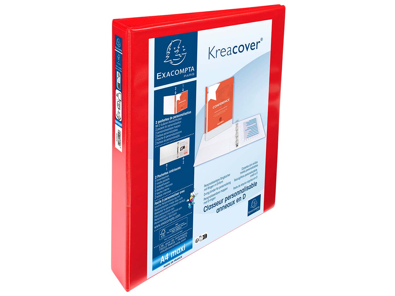10 Exacompta Ringbücher "Kreacover", DIN A4 Maxi, 4 Ringe 30 mm, RB 47 mm, 2 Taschen, rot