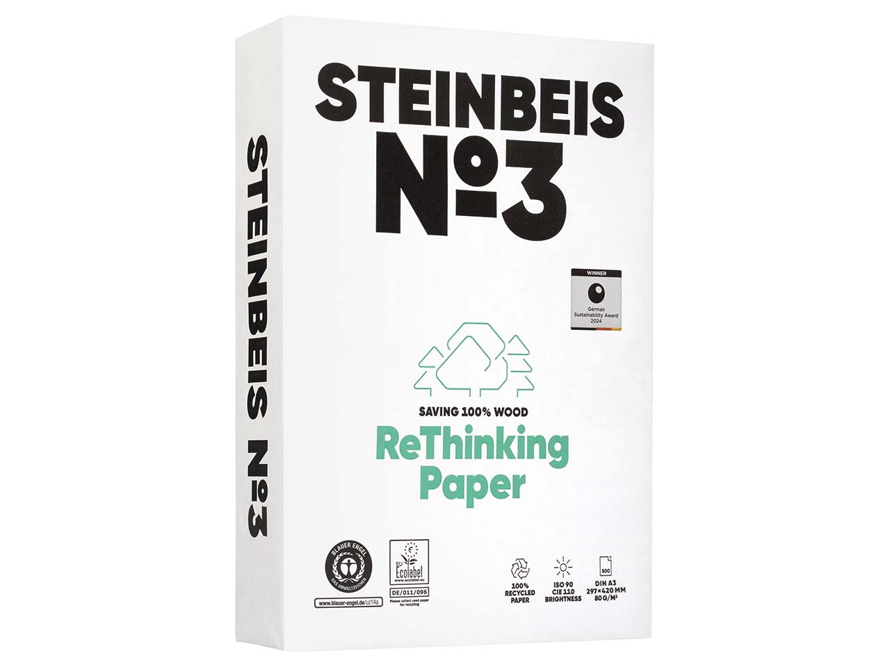 500 Blatt Steinbeis Recycling-Kopierpapier "No.3, PureWhite" DIN A3