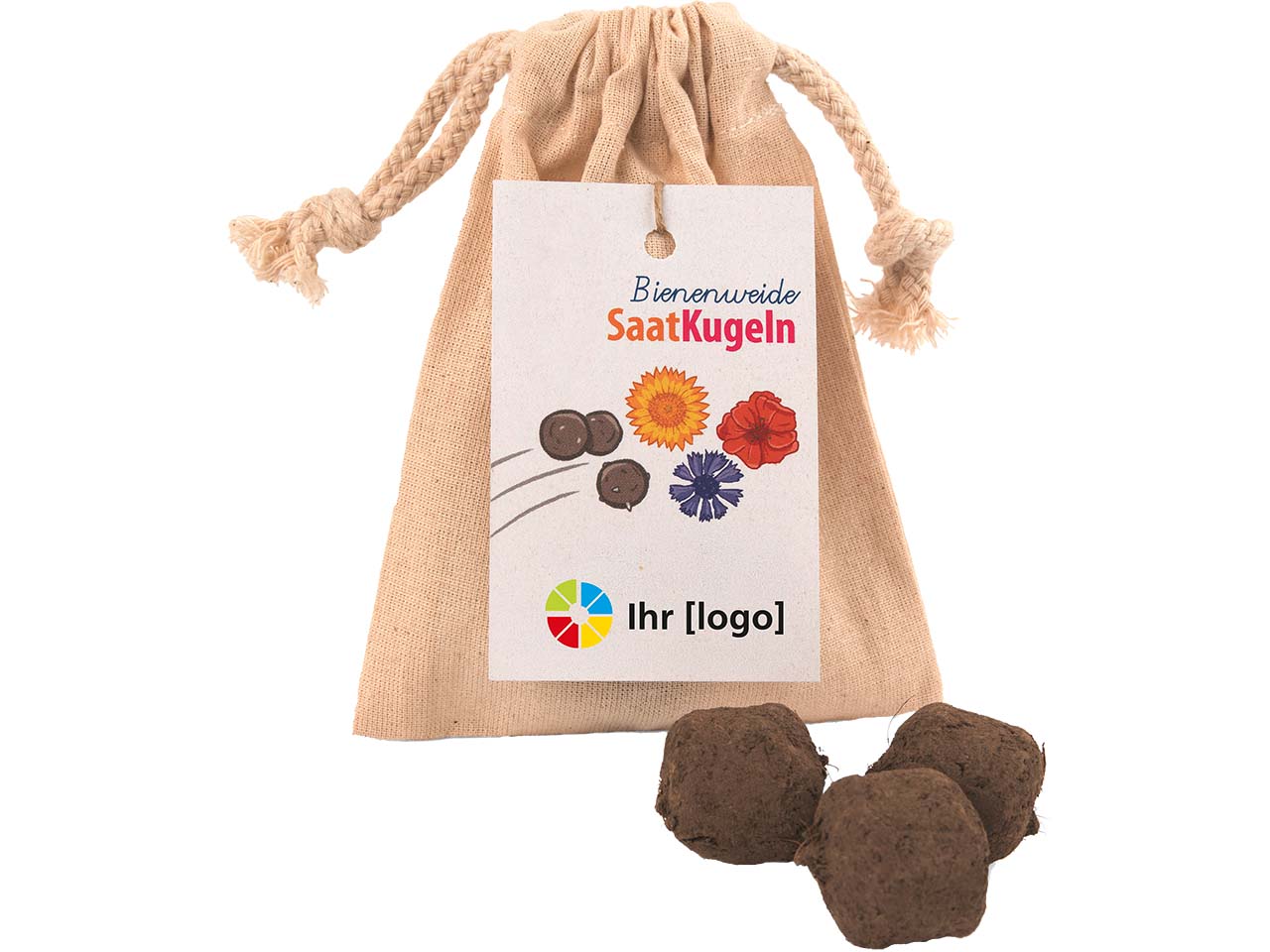 3er Bio-Blumensaatkugel 'Bienenweide' im Baumwollbeutel inkl. 1-4-farbig bedruckter Karte