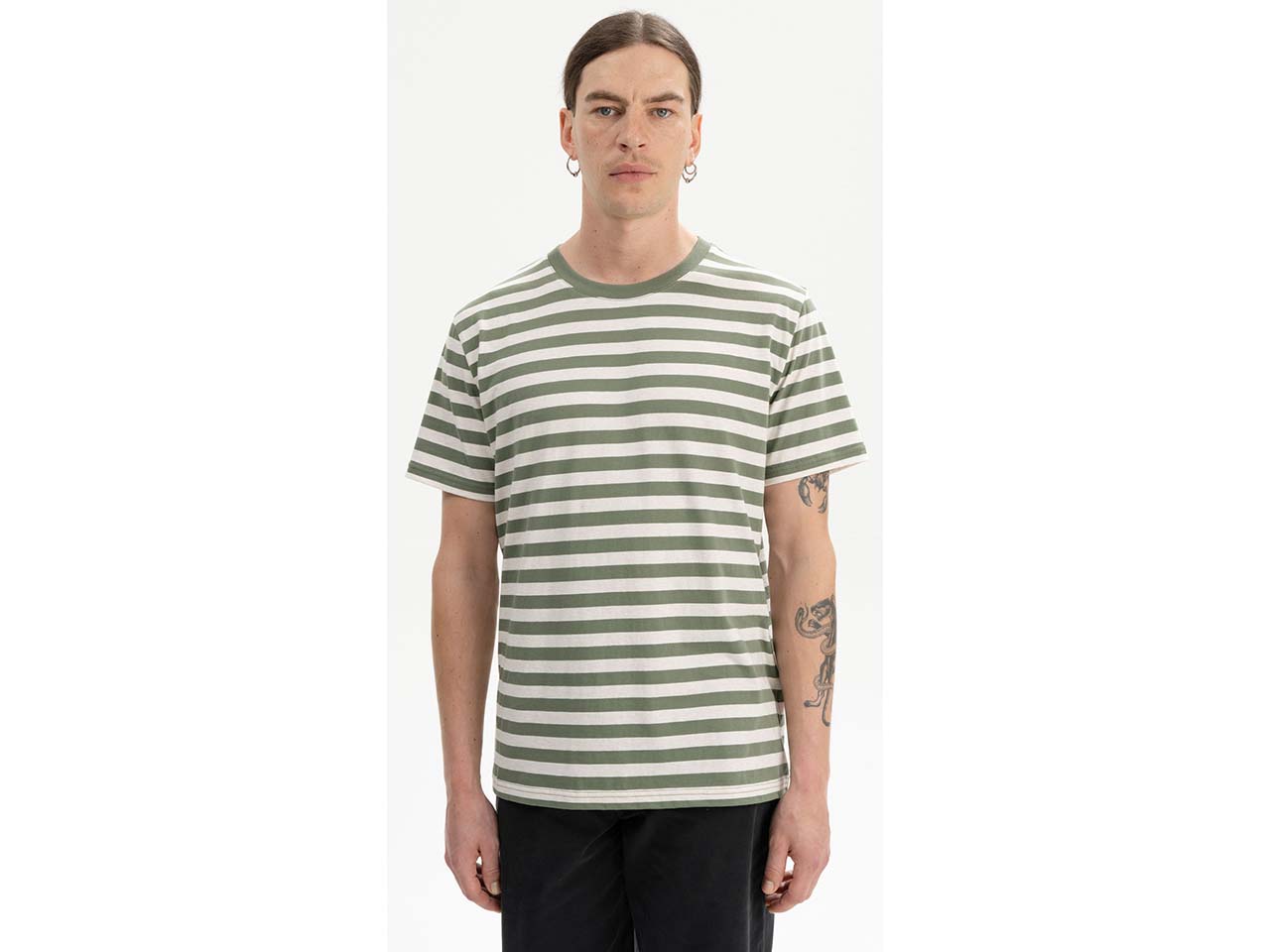 MELA Bio-Herren-T-Shirt "SADHIL" mit Feinripp-Rundhalsausschnitt, thymian gestreift, Gr. L