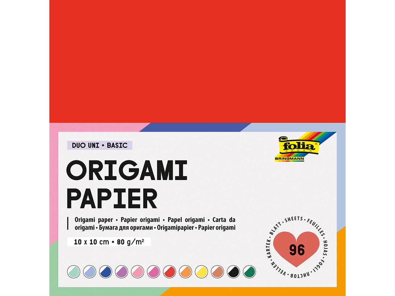 folia Faltblätter Origami Papier "Duo Uni" 80g/m², 10×10 cm, 96 Blatt, farbig sortiert