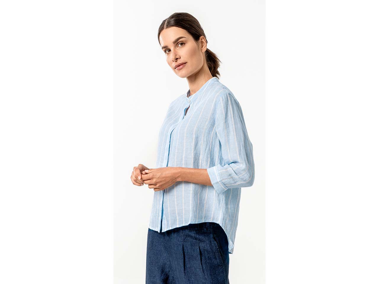 Living Crafts Damen-Bluse "TILLA" mit Mandarinkragen, bleu/white, Gr. 40