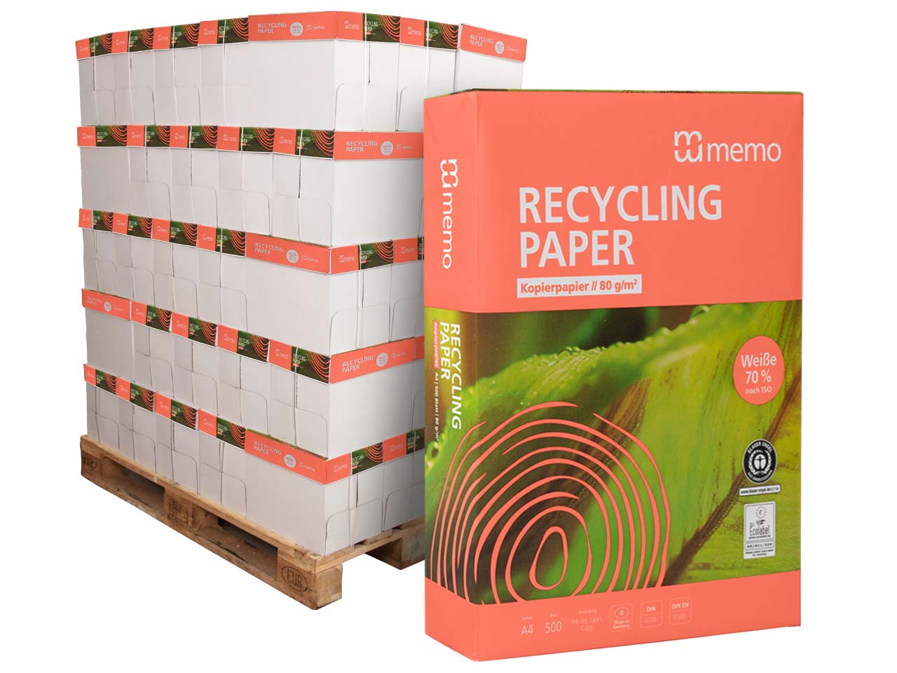 150.000 Blatt Recycling-Kopierpapier 'memoPRINT' DIN A4, 80 g/m² (ganze Palette)