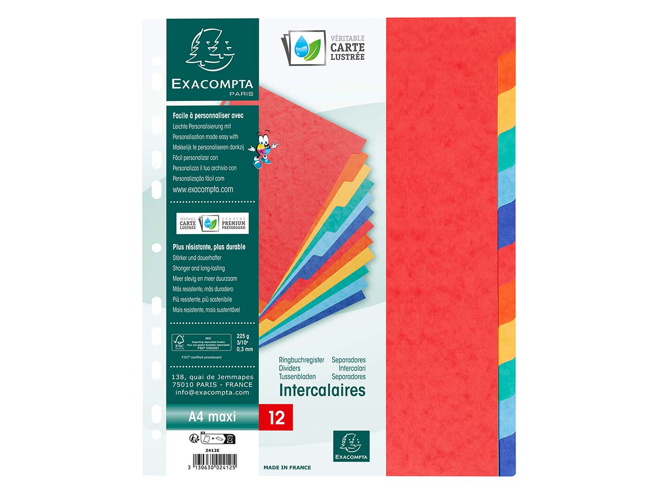 25 Exacompta Register, Colorspan-Karton, 12 Taben neutral, 225 g/m², DIN A4 Maxi, sortiert