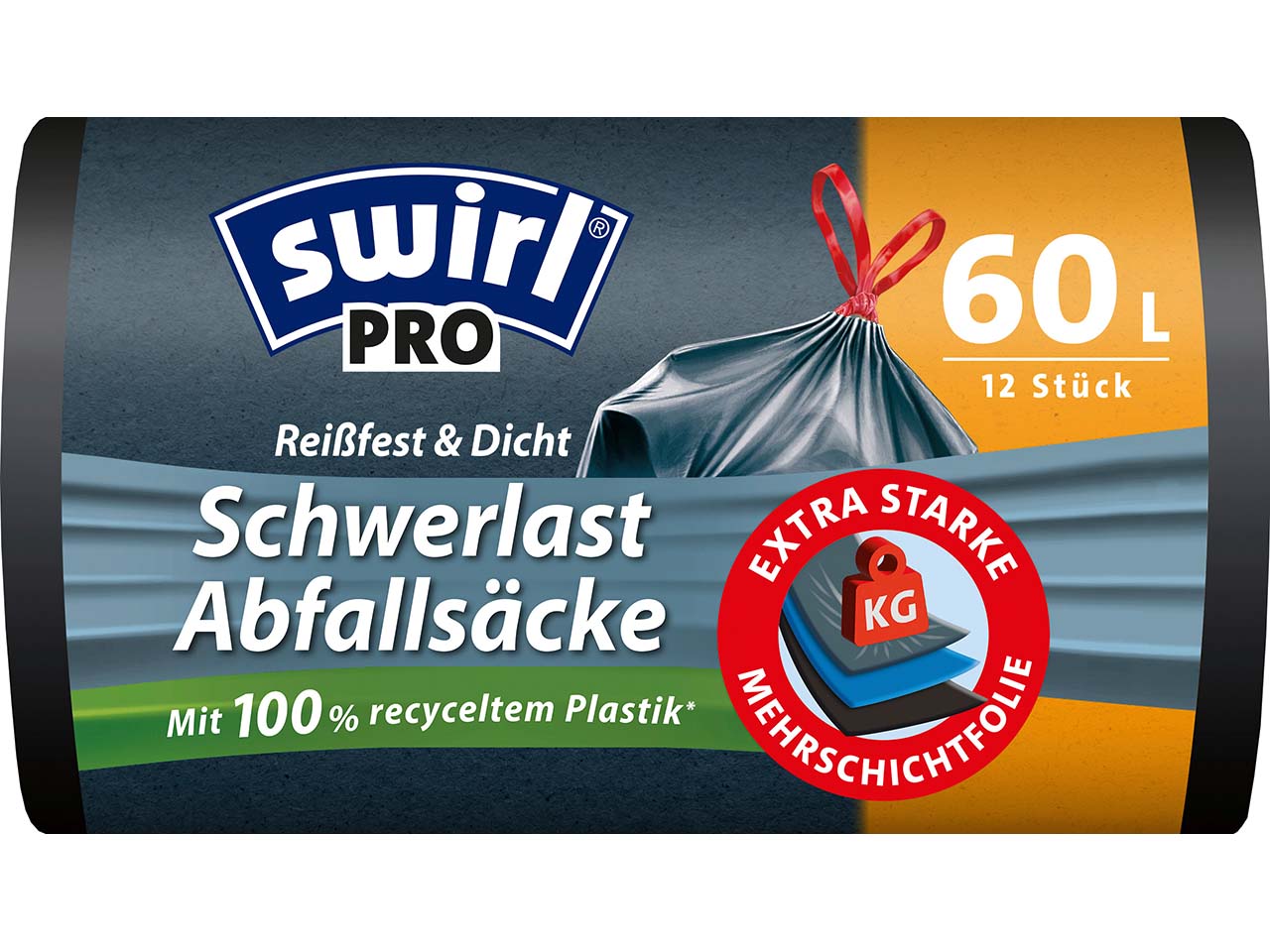 swirl Schwerlast-Müllsäcke "Profi" mit Zugband, reißfest & dicht, 60 l, 12 Stk.