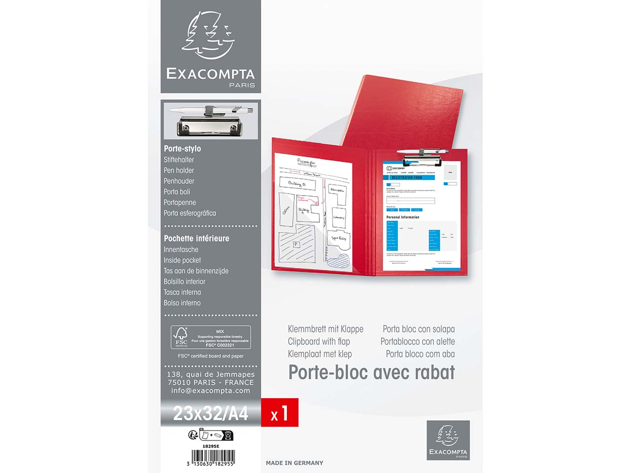 10 Exacompta Klemmbretter zum Aufklappen, DIN A4, mit Metallclip mit Stiftehalter, rot