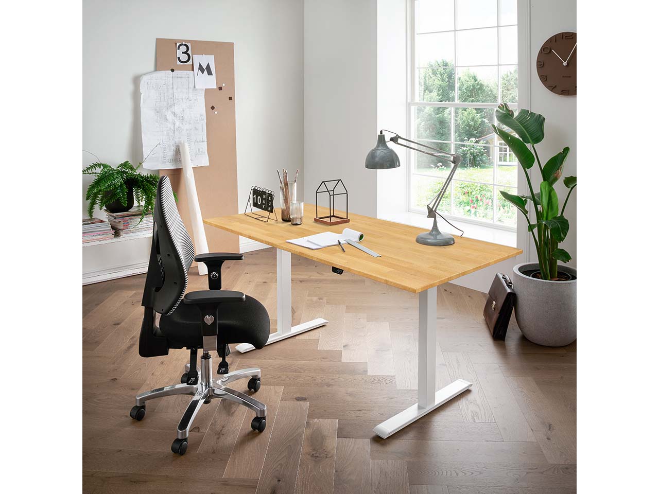 memo Höhenverstellbarer Schreibtisch "ON" weiß, Buche massiv, B 100 x T 80 cm