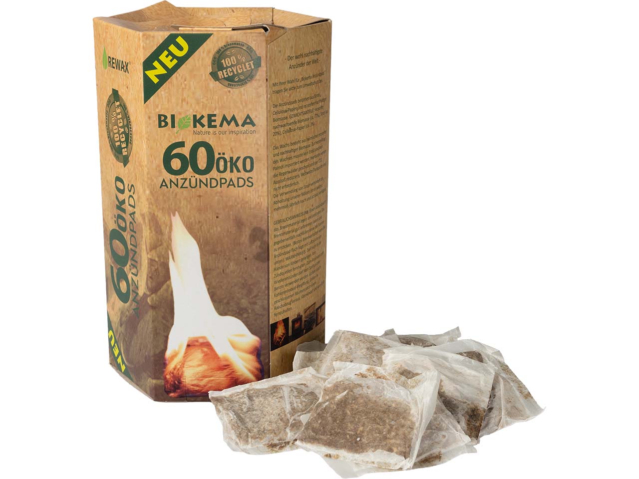 BIOKEMA Kaminanzünder Pads aus Biomasse und Stroh, 60 Stück