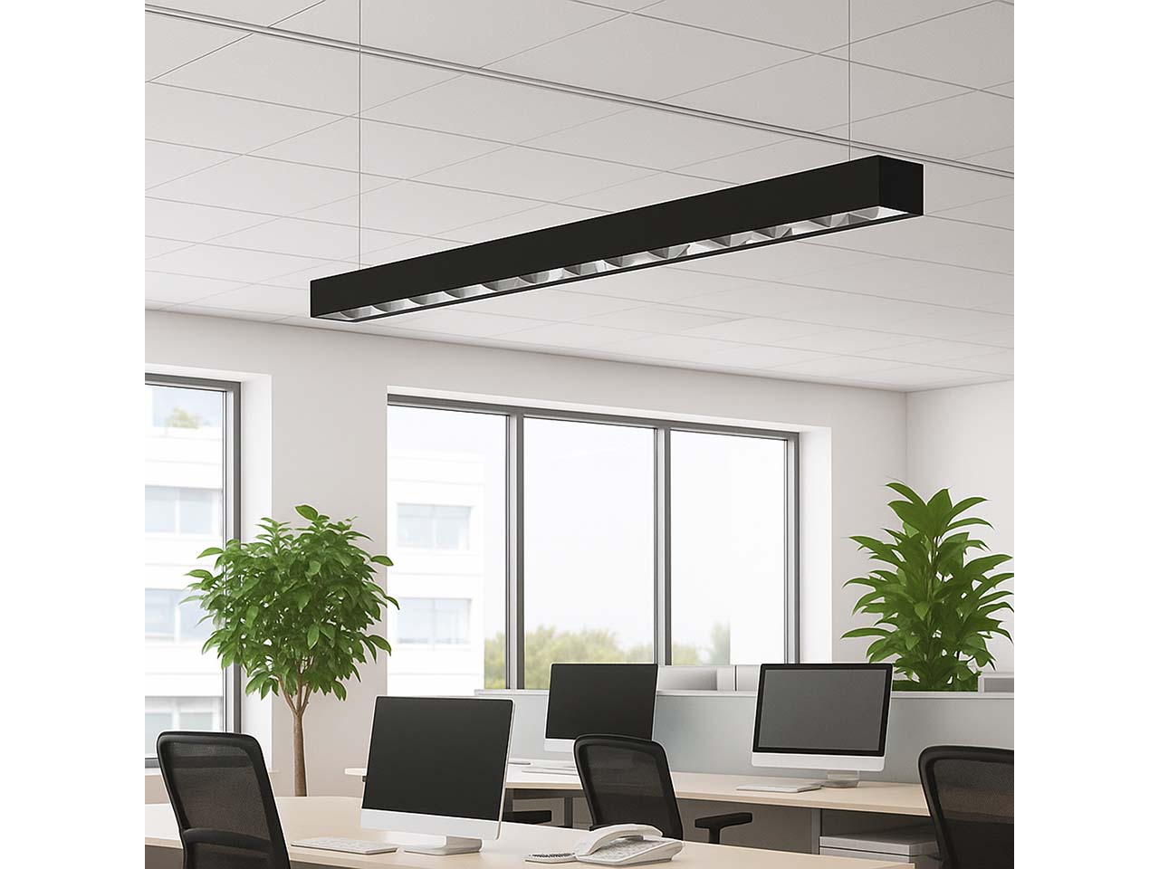 REV LED-Aufbauleuchte mit Raster, 150 cm, 3.800 lm, Aluminium, schwarz