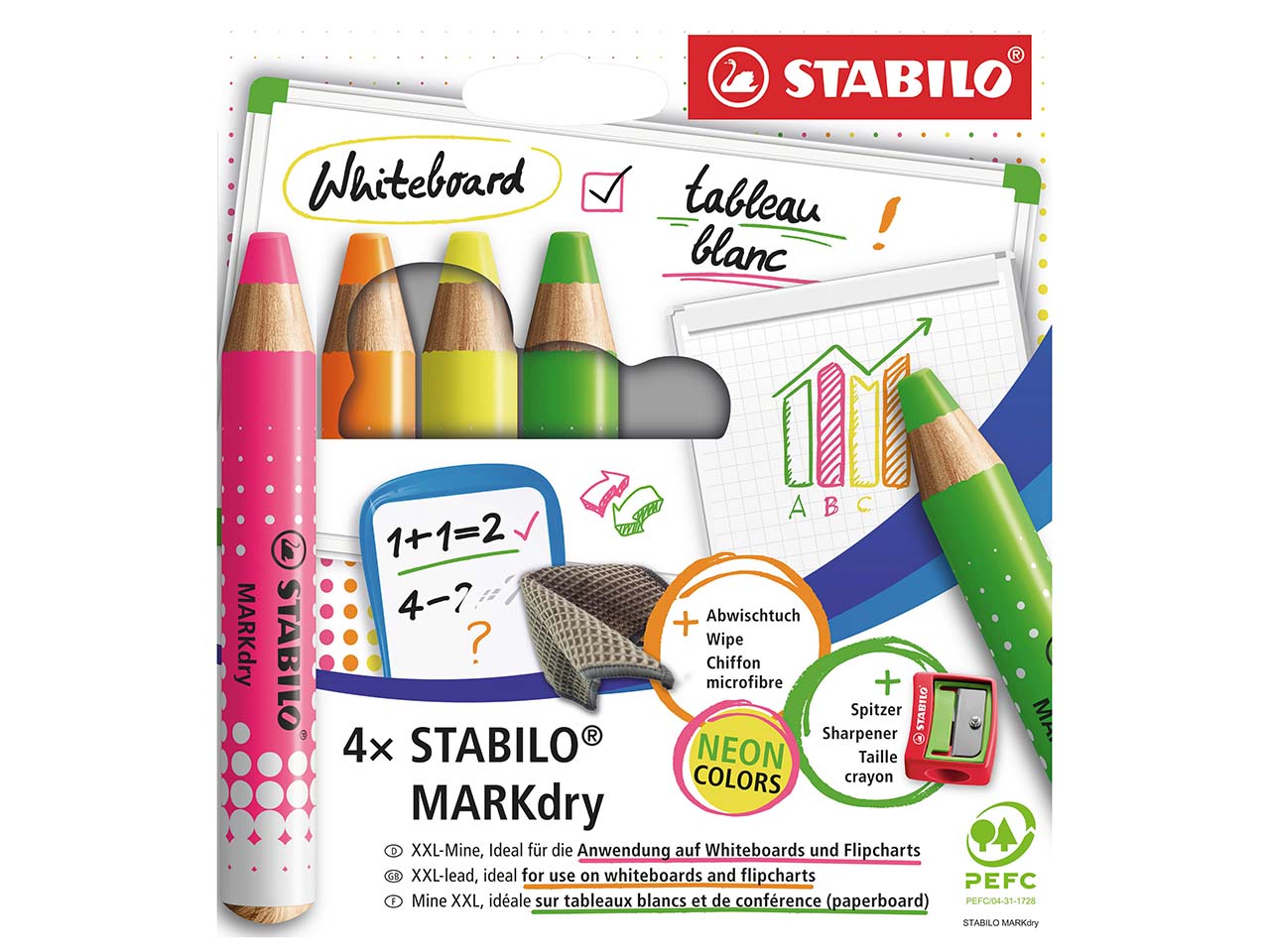 STABILO 4er-Pack Whiteboardmarker "MARKdry" mit Spitzer und Tuch, neon