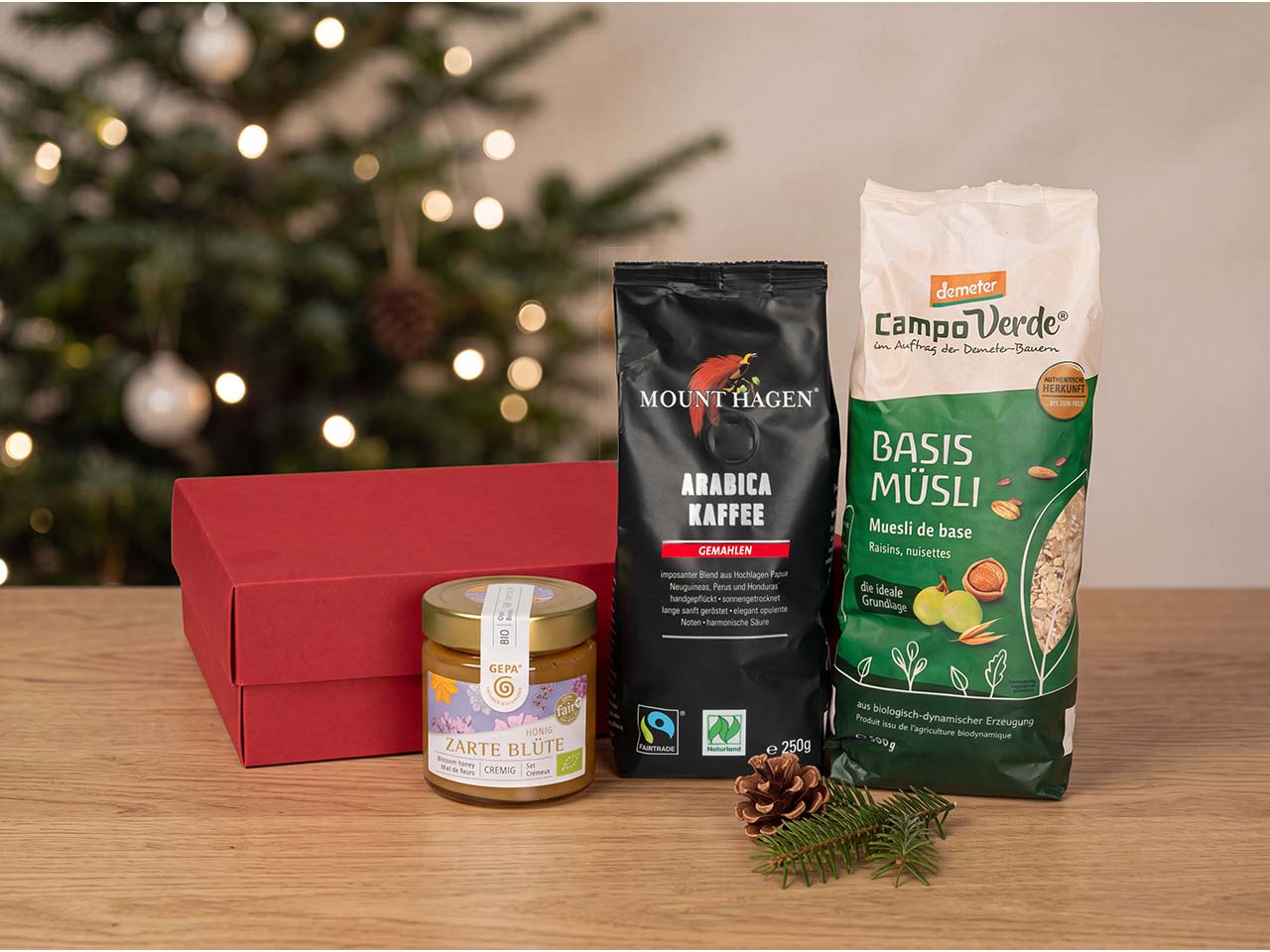 Bio-Geschenkset "Frühstücksgenuss", 4-tlg., mit Müsli, Kaffee und Honig