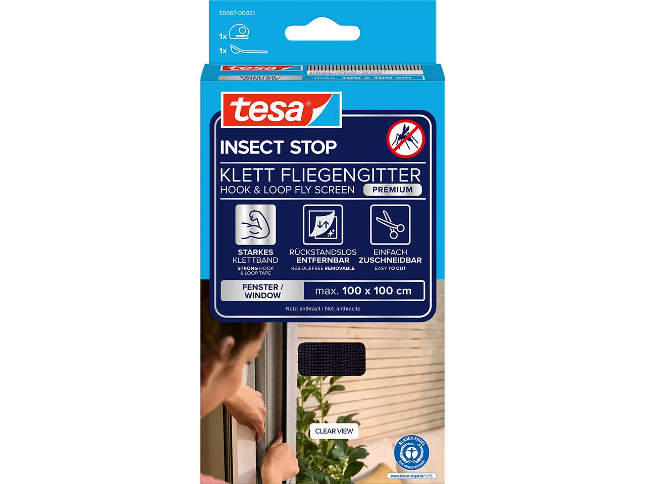 tesa Fliegengitter "Premium" für Fenster 110 x 110 cm, anthrazit