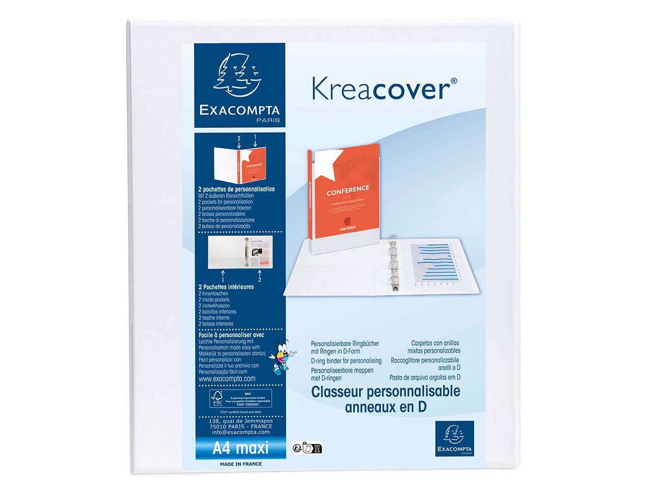 10 Exacompta Ringbücher "Kreacover", DIN A4 Maxi, 2 Ringe 40 mm, RB 64 mm, 2 Taschen, weiß